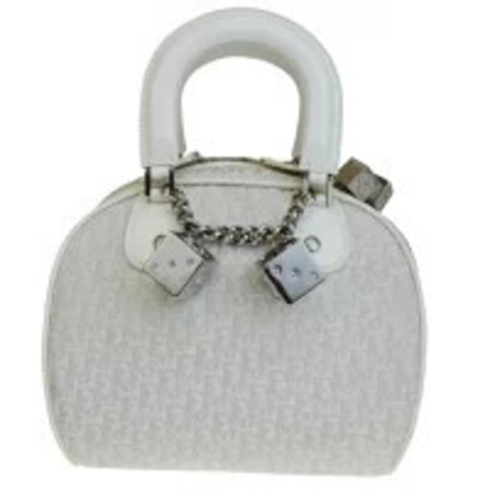 Christian Dior Trotter Handbag Rhinestone White Silver Canvas Leather